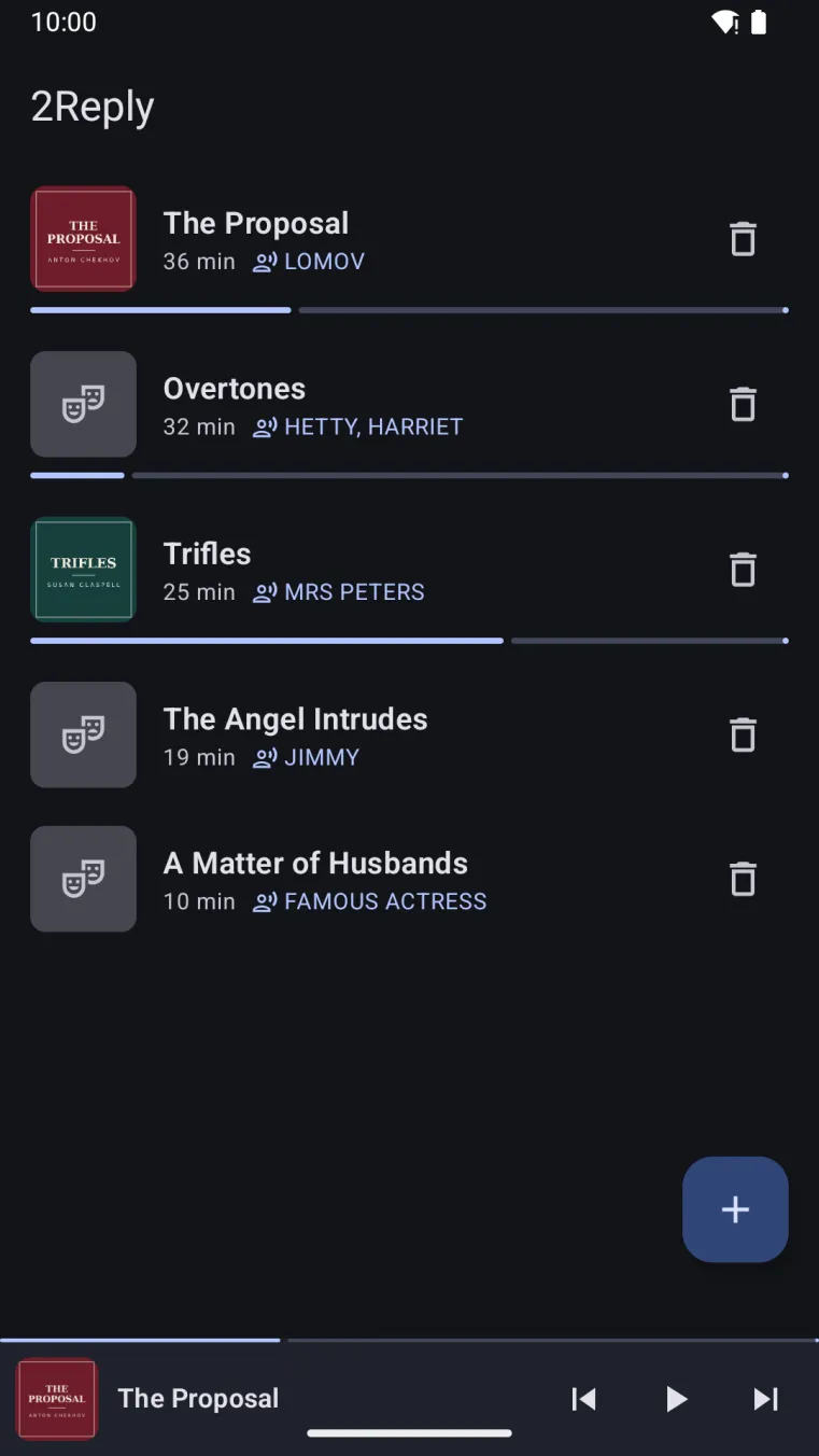 2Reply on Android — the library of imported plays with roles and progress