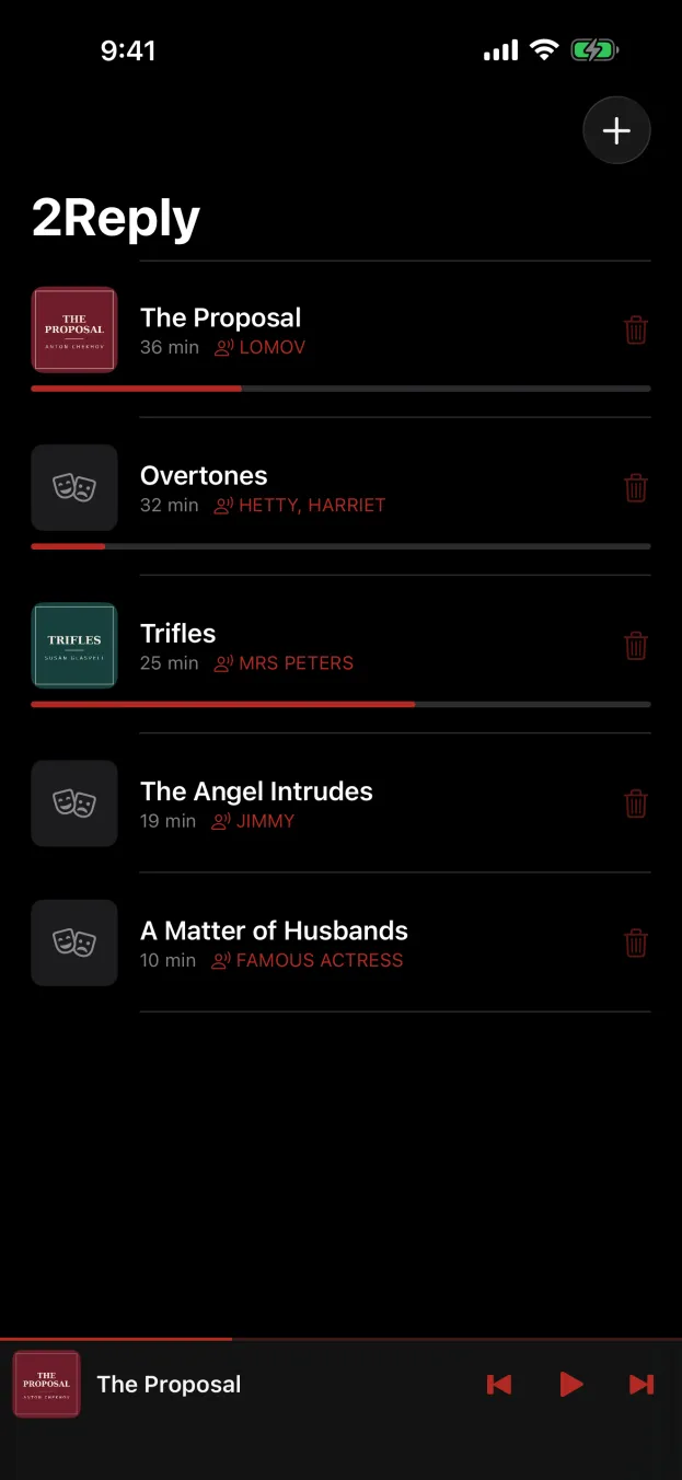 2Reply on iPhone — the library of imported plays with roles and progress