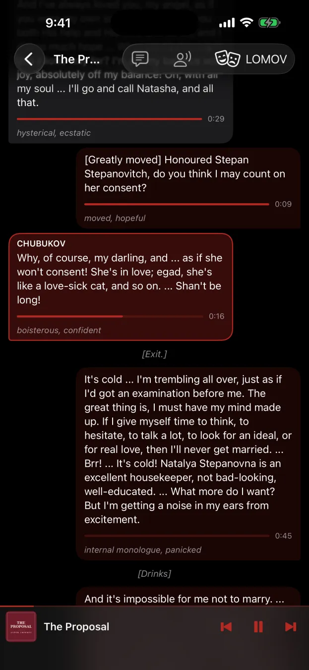 2Reply on iPhone — the script as a chat, synced to the recording